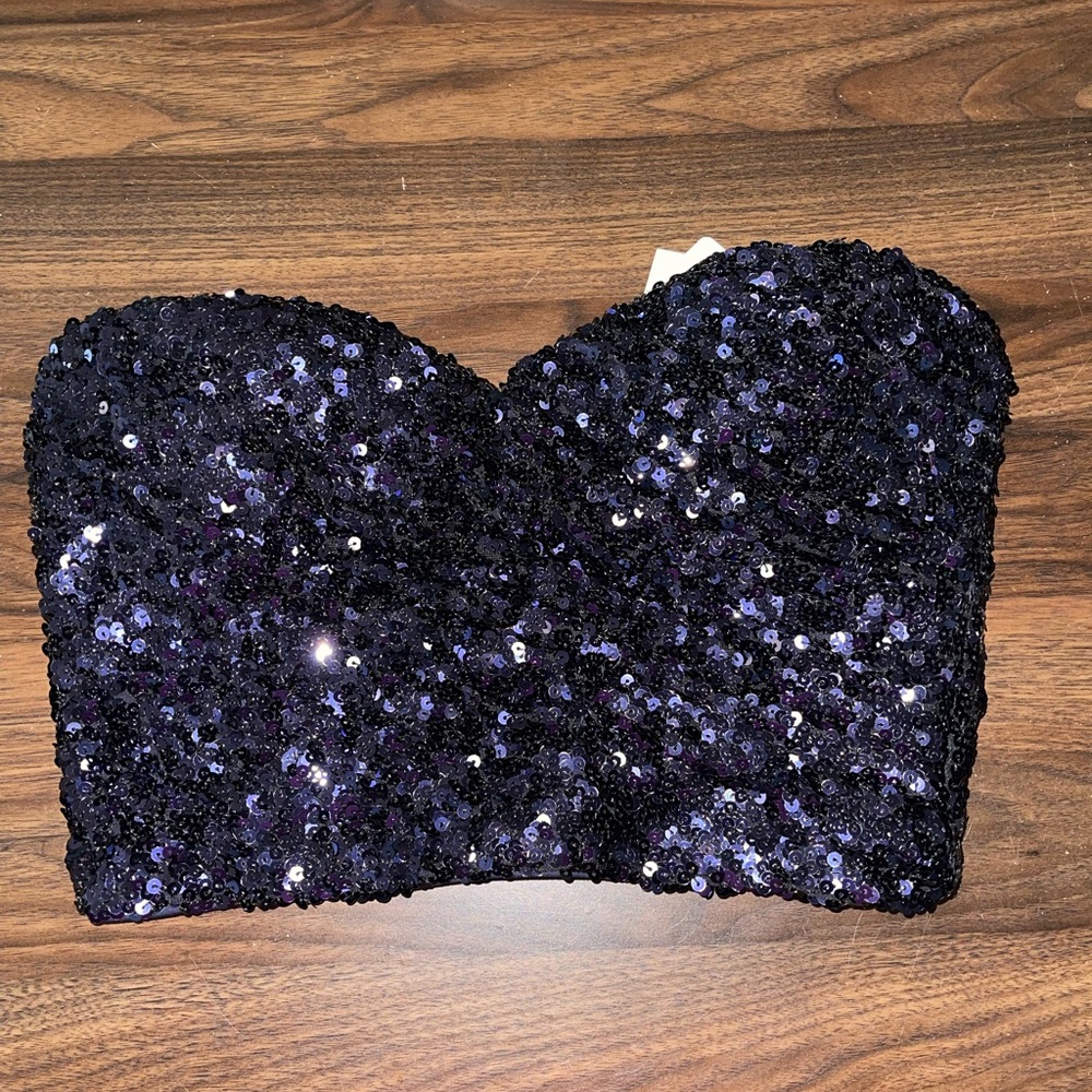 Navy sequence strapless top